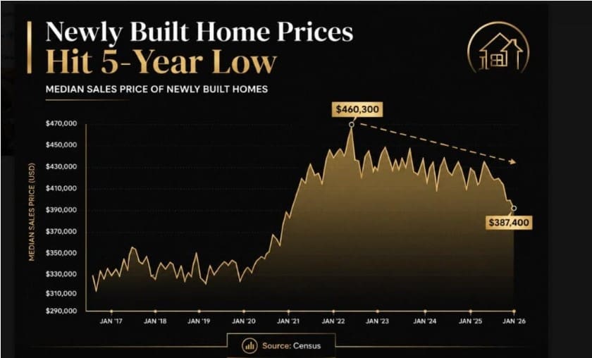 Graph showing newly built home prices reaching a five-year low, creating opportunities for Tampa Bay homebuyers and those relocating to Florida by Elena Esquen Relocation Expert.