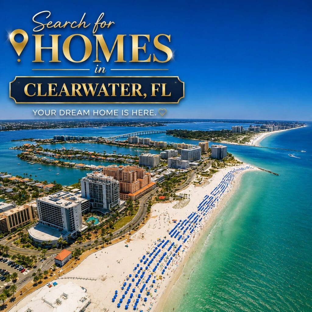 Aerial view of Clearwater Beach Florida waterfront homes and coastline - Search for Homes in Clearwater FL - Elena Esquen Relocation Expert