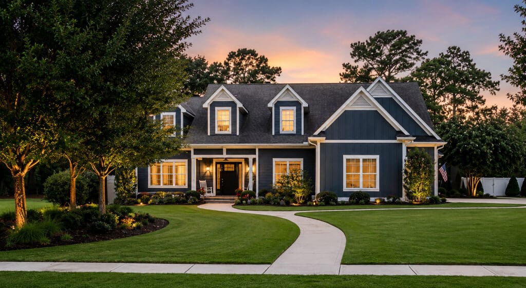 Luxury home for sale in Tampa Bay Florida at twilight with lush landscaping and curving driveway — Elena Esquen Relocation Expert