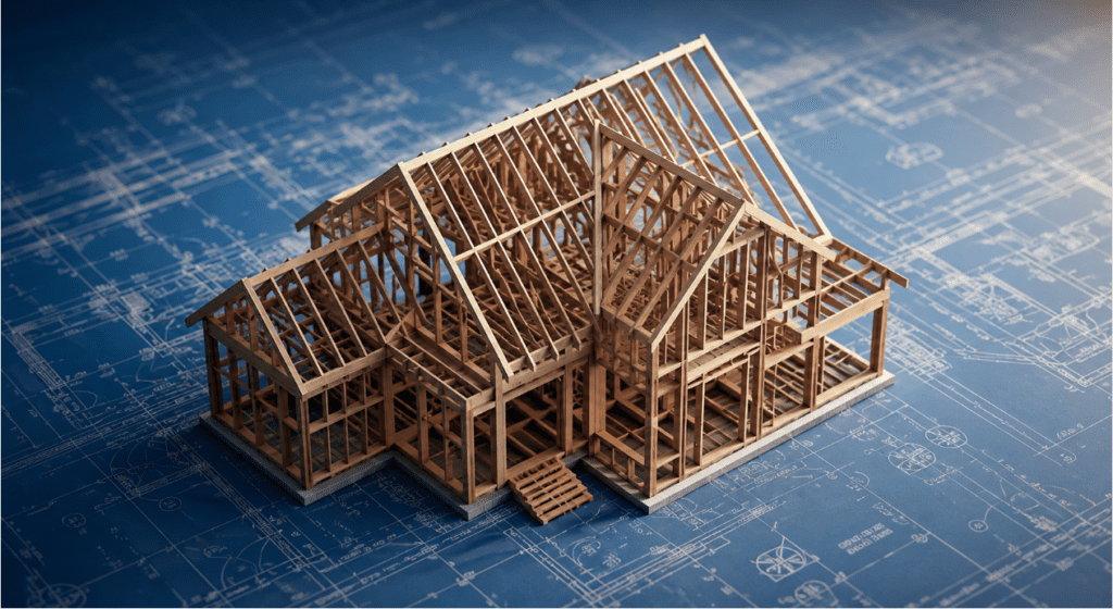 New construction home blueprint and framing illustrating modern home design trends in Tampa Bay real estate.
