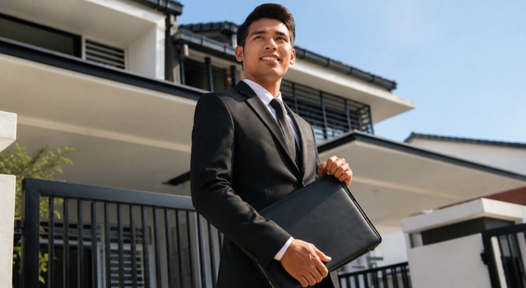 Professional real estate agent in a black suit holding a portfolio briefcase, standing confidently outside a modern residential property under a clear blue sky by Elena Esquen Relocation Expert