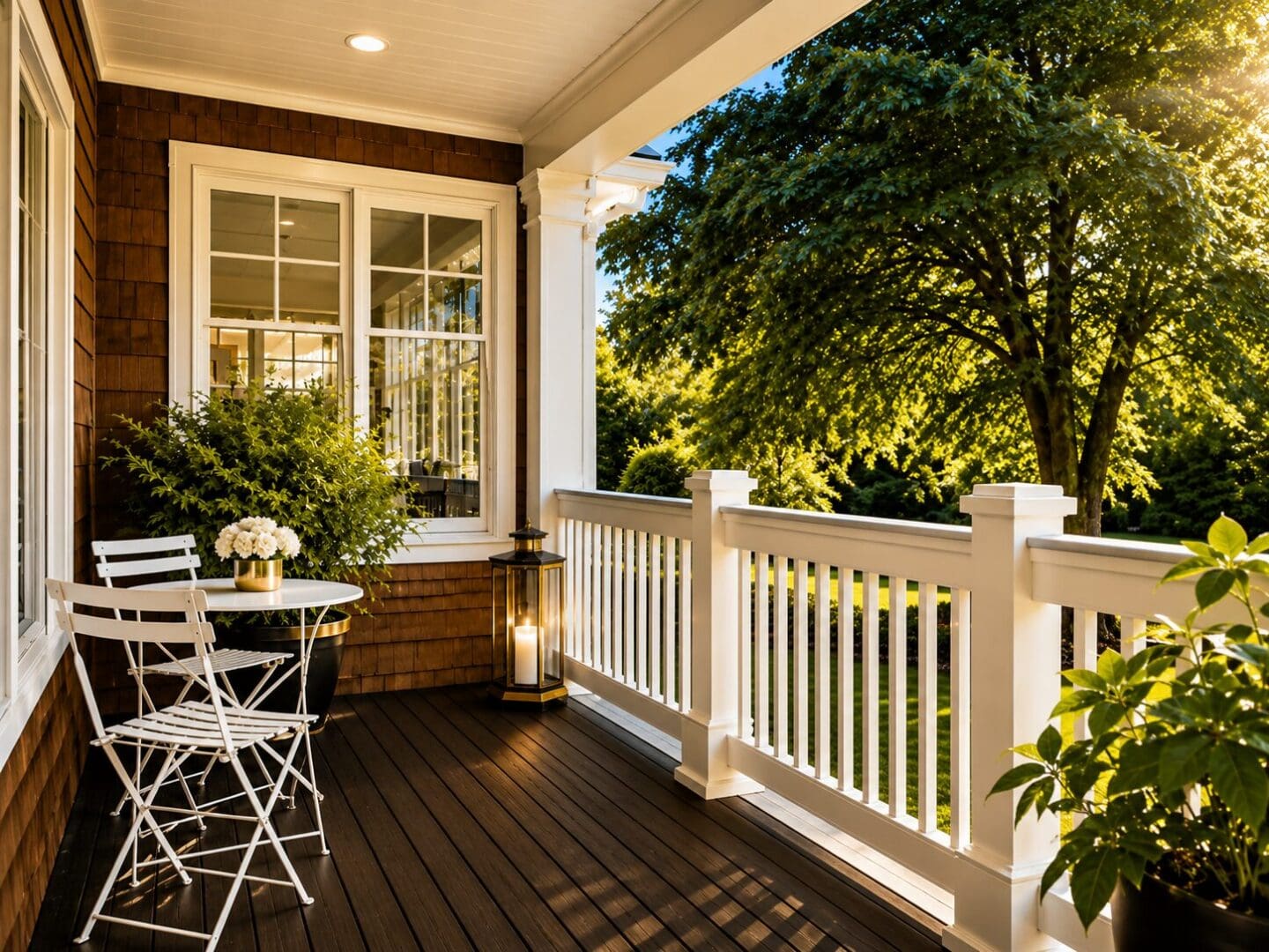 Cozy front porch with bistro table and string of trees, representing relaxed Florida outdoor living in the Tampa Bay area by Elena Esquen Relocation Expert