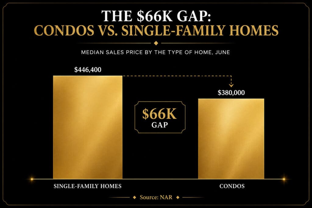 Bar graph comparing median sales prices of $446,400 for single-family homes and $380,000 for condos, showing a $66K gap, sourced from NAR — Elena Esquen Relocation Specialist