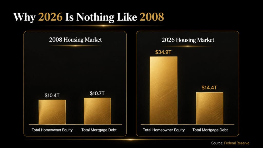 Bar chart comparing total U.S. homeowner equity to total mortgage debt in 2008 versus 2026, sourced from the Federal Reserve