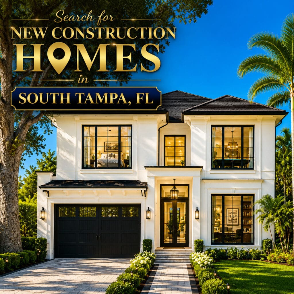 Search for new construction homes in South Tampa FL graphic with luxury home exterior by elena esquen relocation expert