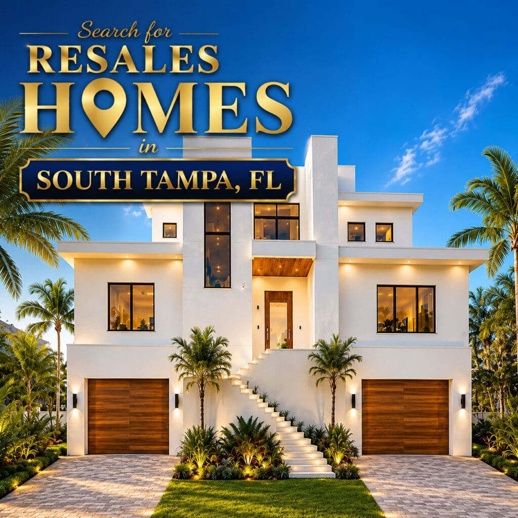Search for resale homes in South Tampa FL graphic with modern luxury home exterior by elena esquen relocation specialist