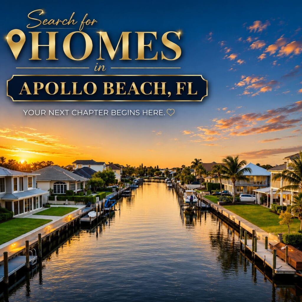 Waterfront canal homes with boat docks at sunset in Apollo Beach, FL – Elena Esquen Relocation Specialist