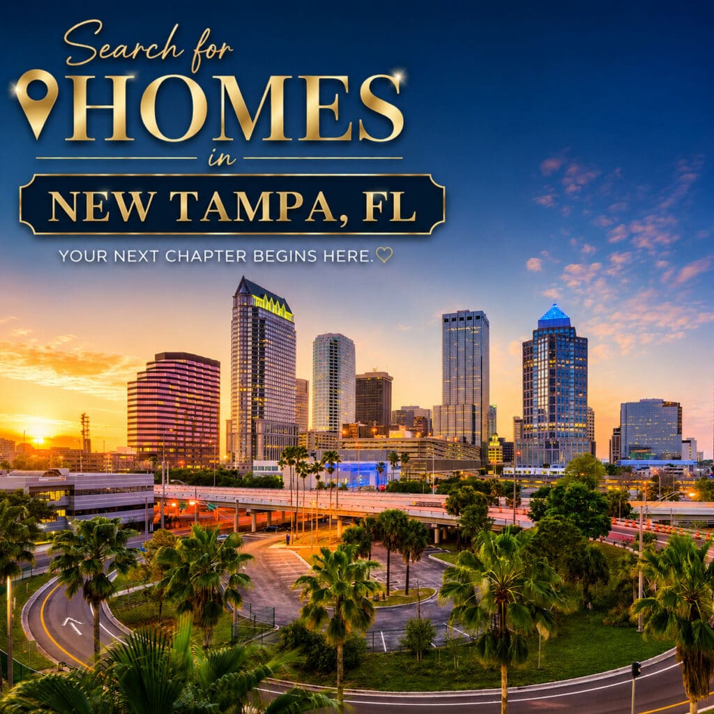 Search for homes in New Tampa, FL at sunset with downtown Tampa skyline in the background – Elena Esquen Relocation Specialist