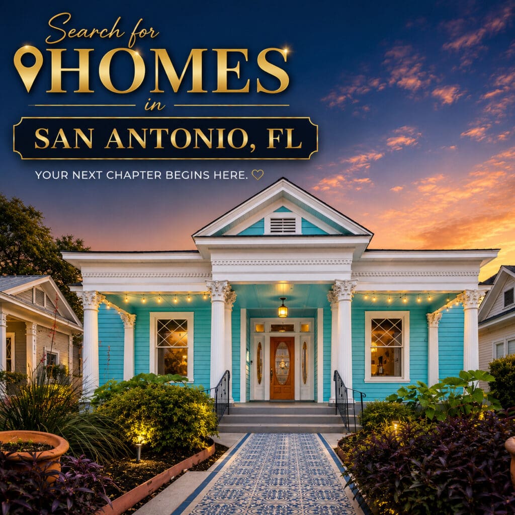 Charming historic turquoise home with porch lighting in San Antonio, FL at dusk – Elena Esquen Relocation Specialist