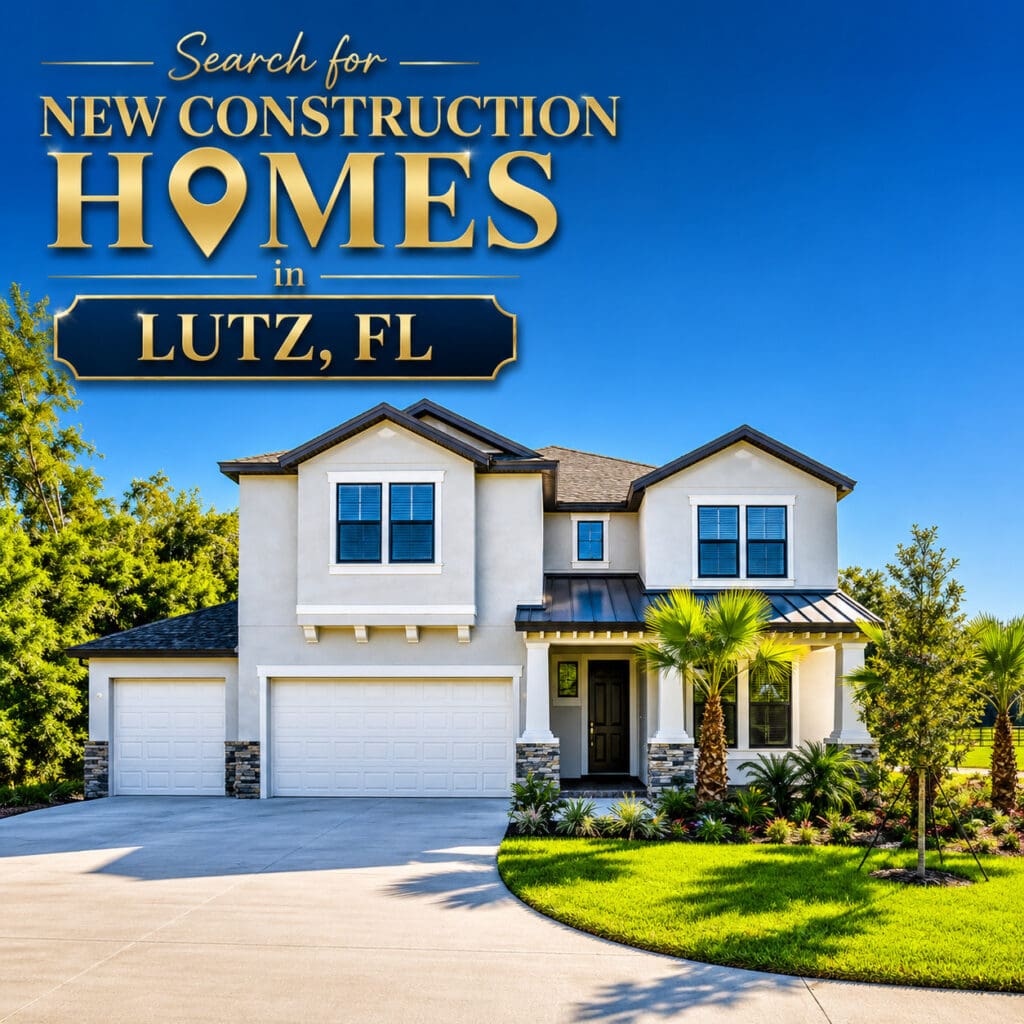 Branded graphic inviting buyers to search new construction homes in Lutz, FL, featuring a two-story home with palm tree landscaping — Elena Esquen Relocation Specialist