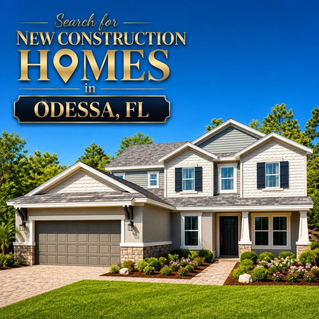 Branded graphic inviting buyers to search new construction homes in Odessa, FL, featuring a two-story craftsman-style home exterior with landscaped front yard