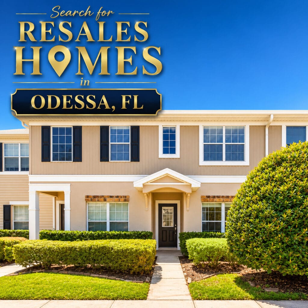 Branded graphic inviting buyers to search resale homes in Odessa, FL, featuring a two-story townhome exterior with landscaped entrance and brick accents