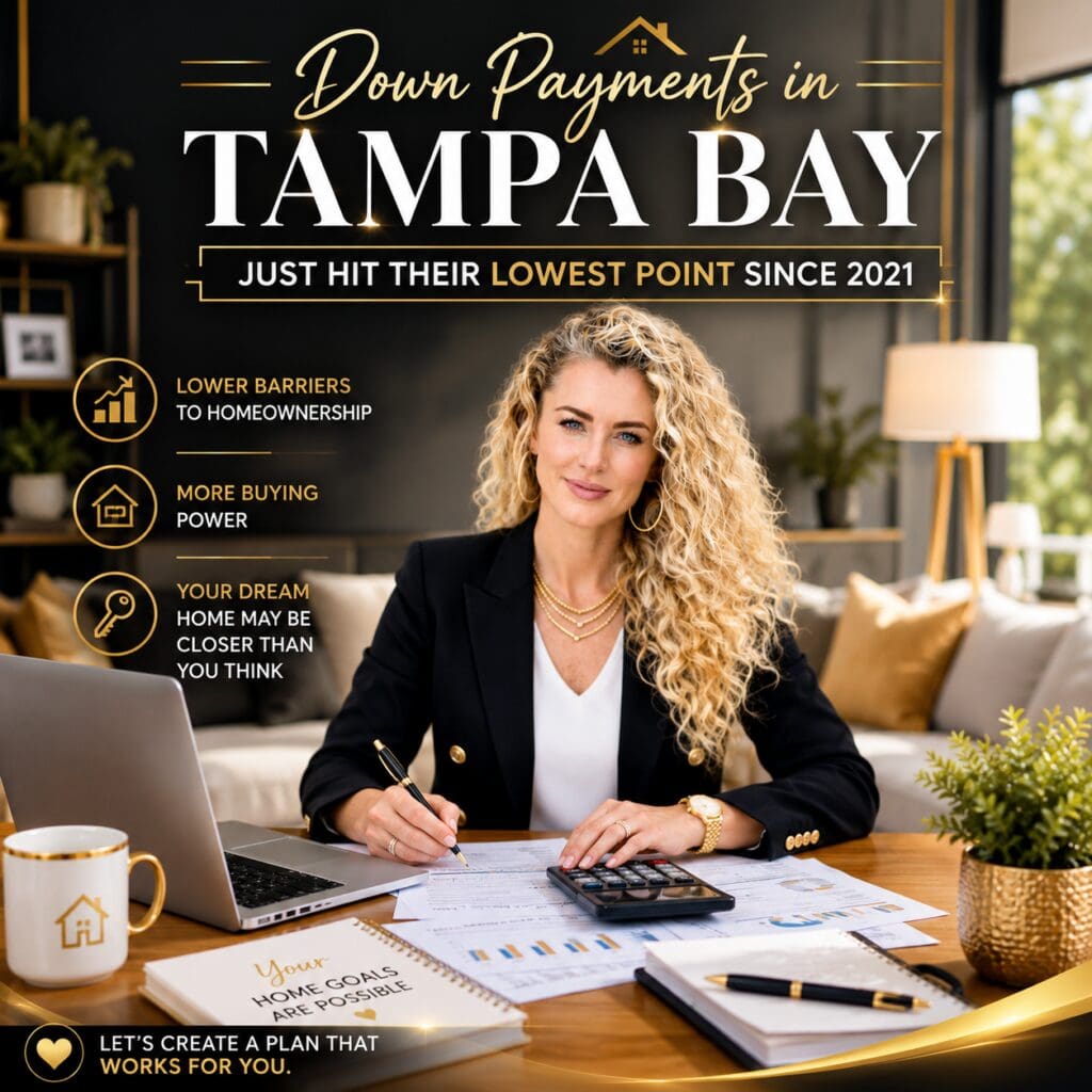 Professional photo featuring Realtor® Elena Esquen discussing how down payments in the Tampa Bay housing market have reached their lowest point since 2021. The square graphic highlights opportunities for homebuyers in Tampa Bay, Florida, with a modern black, white, and gold luxury real estate design.