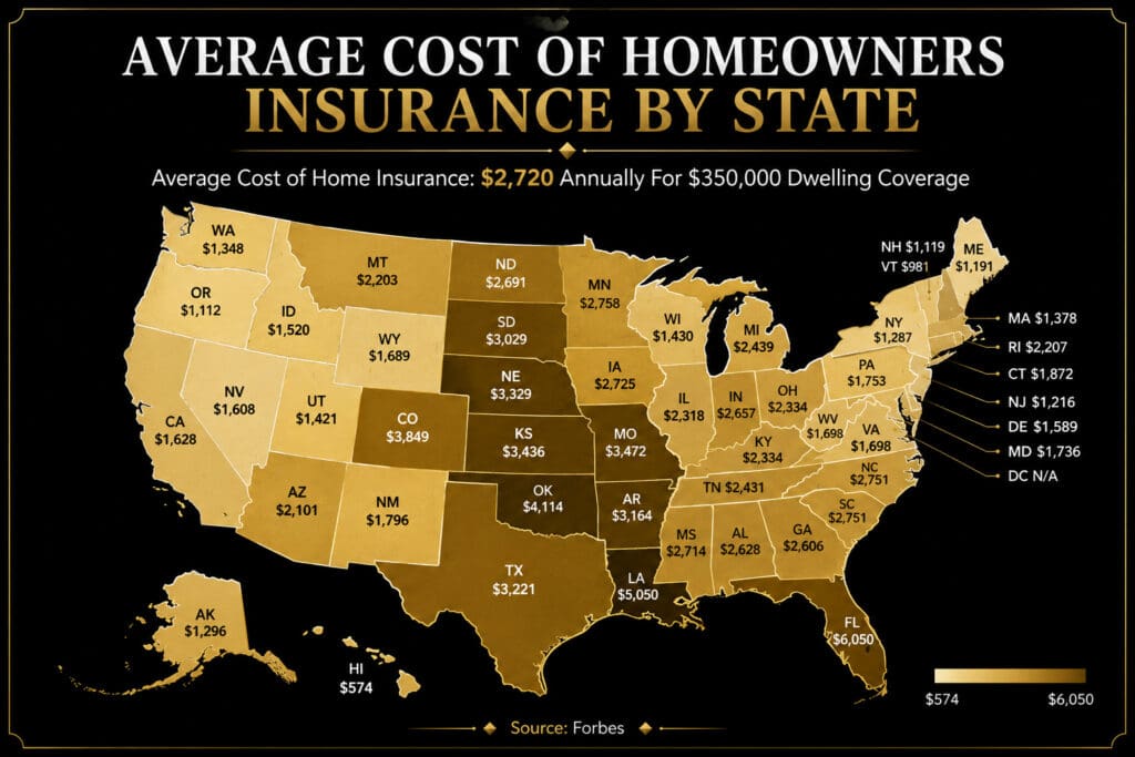 U.S. map showing average homeowners insurance costs by state, with Florida ranking highest nationally at $6,050 annually