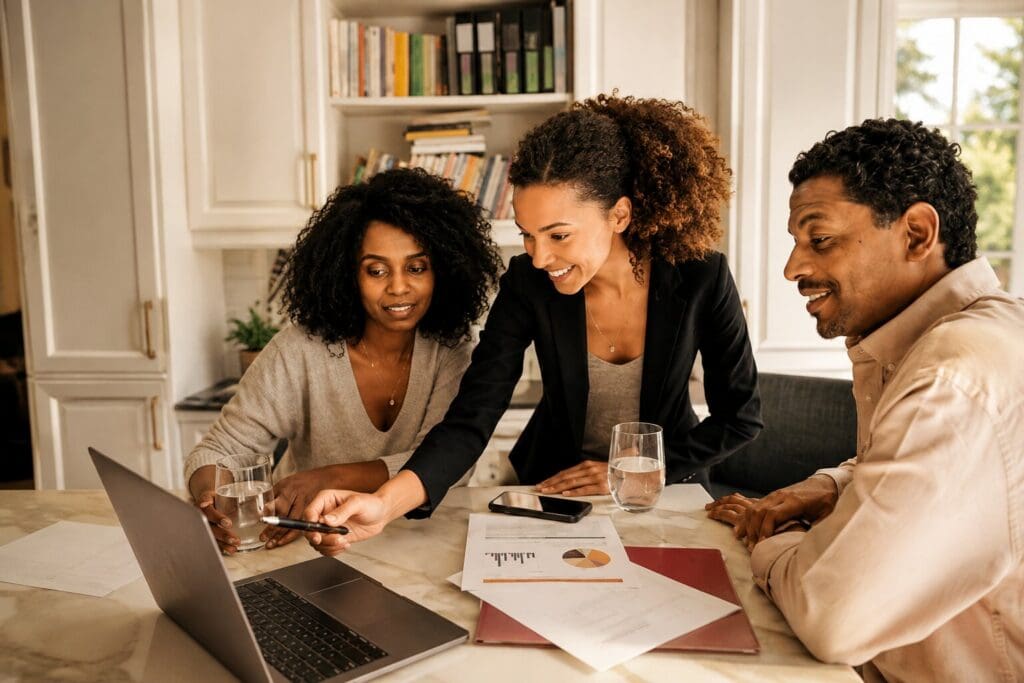 Family sitting with their real estate agent reviewing market charts and listings on a laptop during a buying consultation — Elena Esquen Relocation Specialist