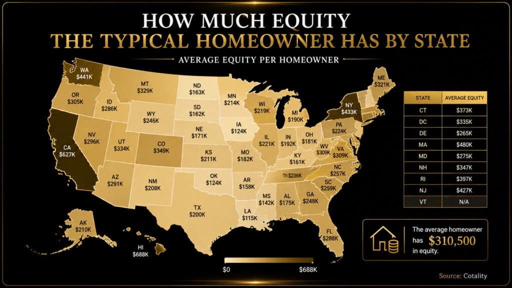 Map chart showing average homeowner equity by U.S. state, with the national average at $310,500, sourced from Cotality