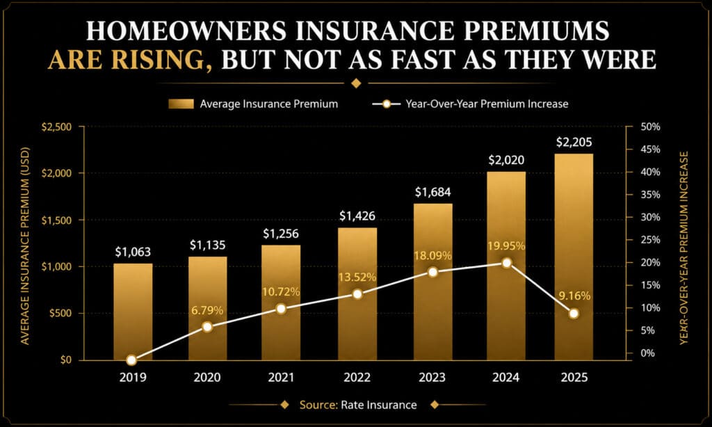 Bar chart showing national homeowners insurance premiums rising from $1,063 in 2019 to $2,205 in 2025, with year-over-year increases slowing to 9.16% in 2025