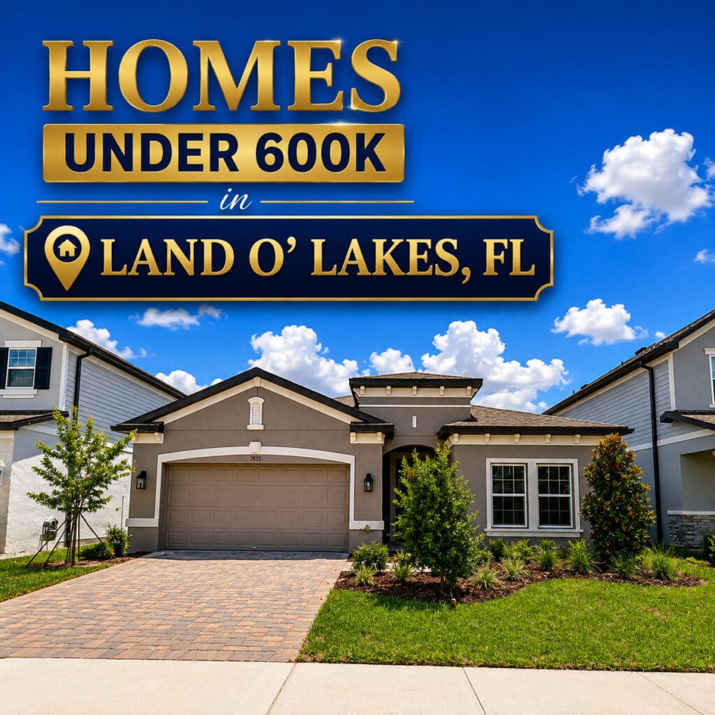 New construction home in Land O' Lakes, Florida under $600,000 featuring a single-story design, landscaped front yard, paved driveway, and two-car garage.