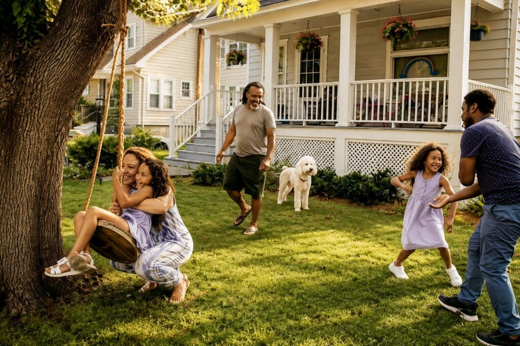 Multi-generational family playing together in the backyard of their Tampa Bay home, represented by Realtor Elena Esquen, Tampa Bay Relocation Expert