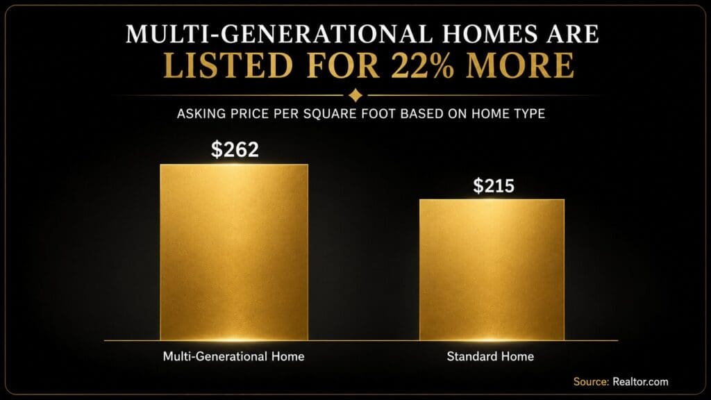 Bar chart comparing asking price per square foot for multi-generational homes ($262) versus standard homes ($215), sourced from Realtor.com, shared by Elena Esquen, Tampa Bay Relocation Expert