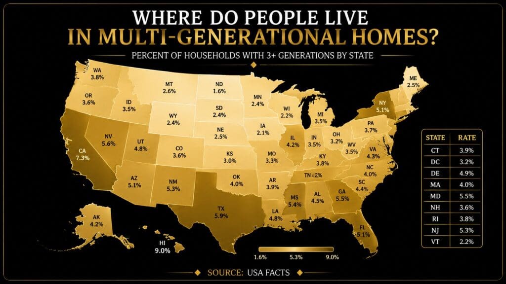 Map showing the percentage of multi-generational households by state, including Florida at 5.1%, sourced from USA Facts, shared by Elena Esquen, Tampa Bay Relocation Expert