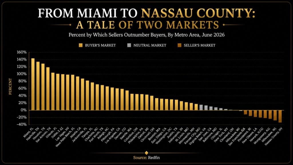 Bar chart comparing buyer's and seller's market conditions across major U.S. metro areas including Tampa and Orlando, Florida — Elena Esquen Relocation Specialist