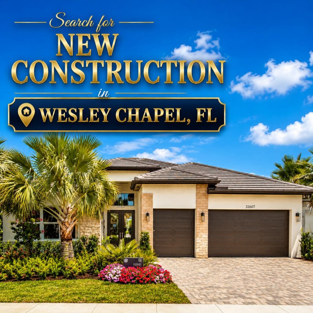 New construction home in Wesley Chapel, Florida featuring a modern exterior, two-car garage, landscaped yard, and Elena Esquen, Relocation Specialist.