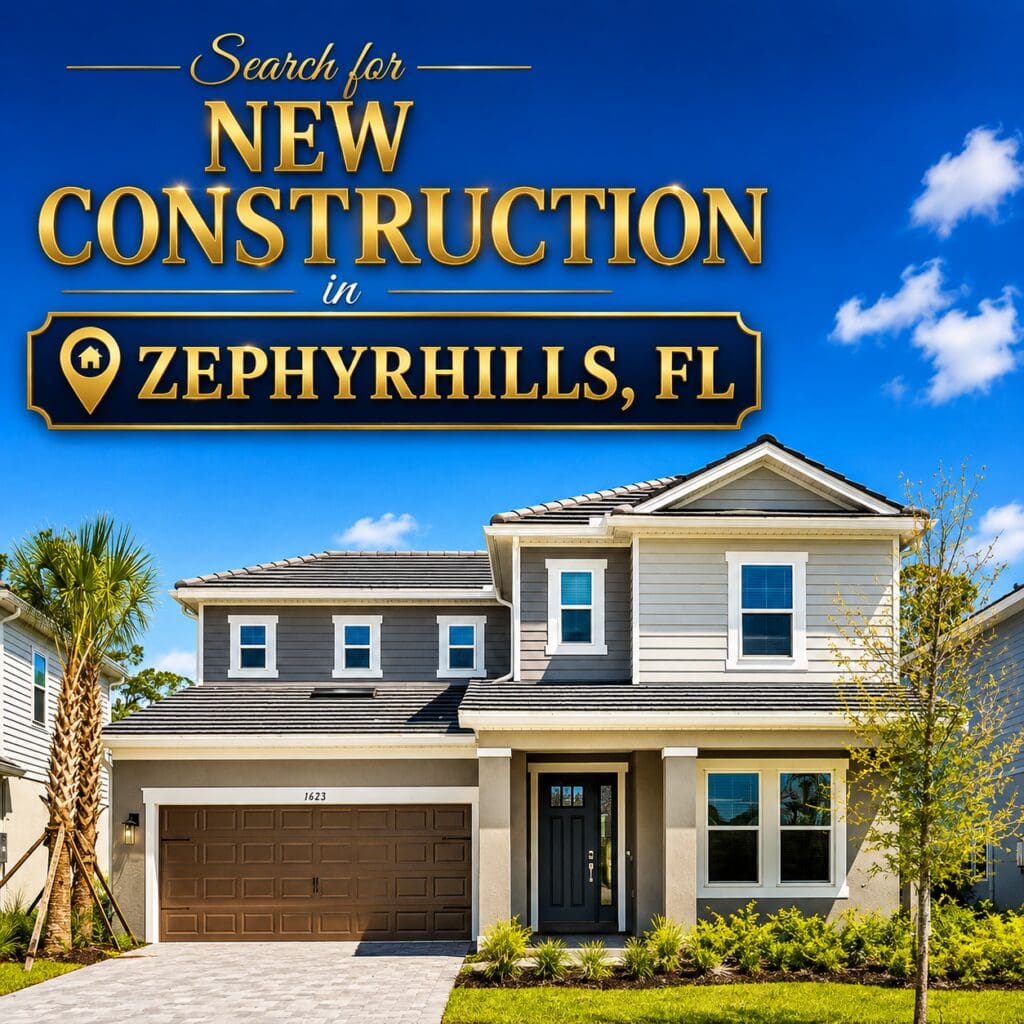New construction home in Zephyrhills, Florida featuring a two-story exterior, two-car garage, modern finishes, tropical landscaping, and bright Florida skies, marketed by Elena Esquen, Relocation Expert.
