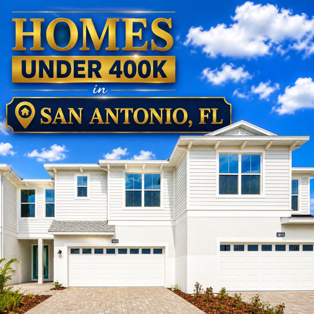 New construction homes in San Antonio, Florida under $400,000 featuring modern two-story designs, attached garages, landscaped yards, and contemporary exteriors.