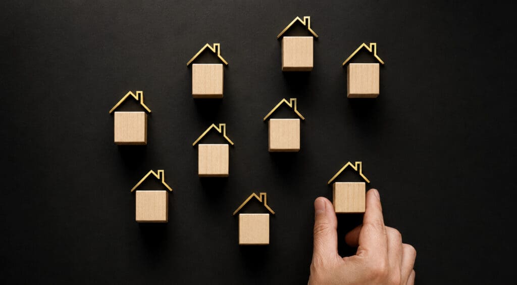 Buyer's hand selecting a wooden house model from a group of several, symbolizing growing home inventory and more choices for Tampa Bay buyers.