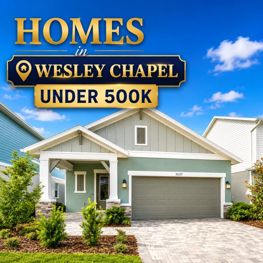 Affordable new construction home in Wesley Chapel, Florida priced under $500K, featuring a modern exterior, two-car garage, landscaped yard, and Elena Esquen, Relocation Specialist.