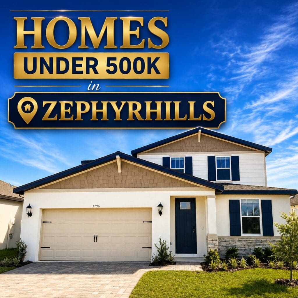 New construction home in Zephyrhills, Florida priced under $500K, featuring a modern exterior, two-car garage, landscaped front yard, and Florida-style architecture, marketed by Elena Esquen, Relocation Specialist.