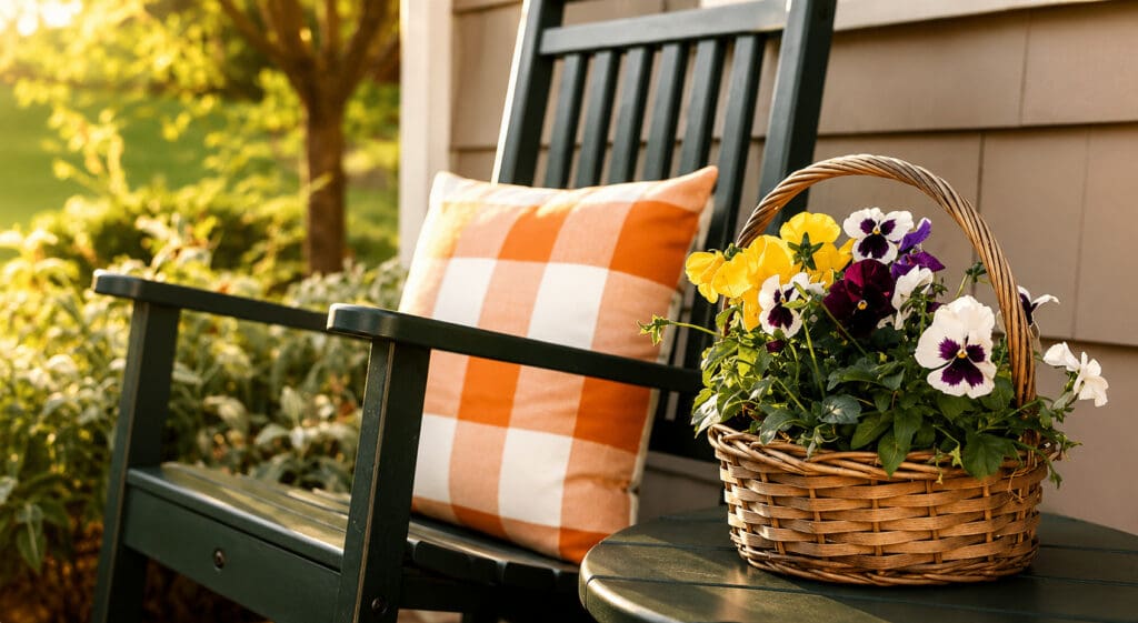 Cozy front porch with a rocking chair and spring flower basket at a Florida home – Elena Esquen Relocation Expert