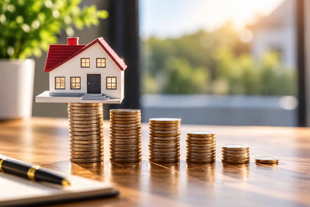 Model home on stacks of coins decreasing in height, representing declining homeownership costs in Tampa Bay — Elena Esquen Relocation Specialist