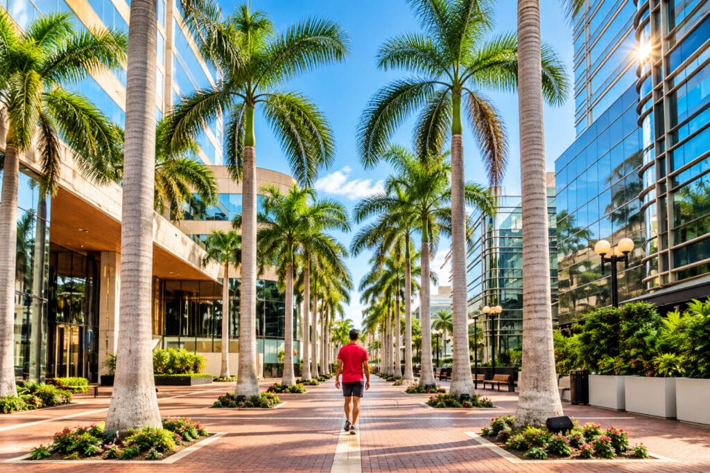 Man walking down a palm tree-lined walkway between office buildings in downtown Tampa Bay