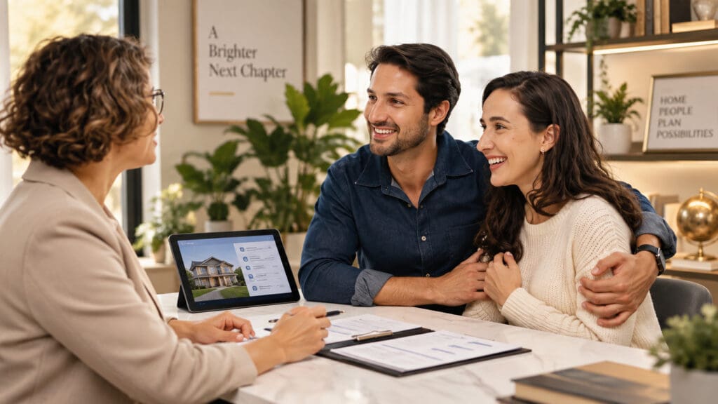 Smiling couple reviewing new home purchase paperwork with their real estate agent at the closing table — Elena Esquen, Relocation Specialist