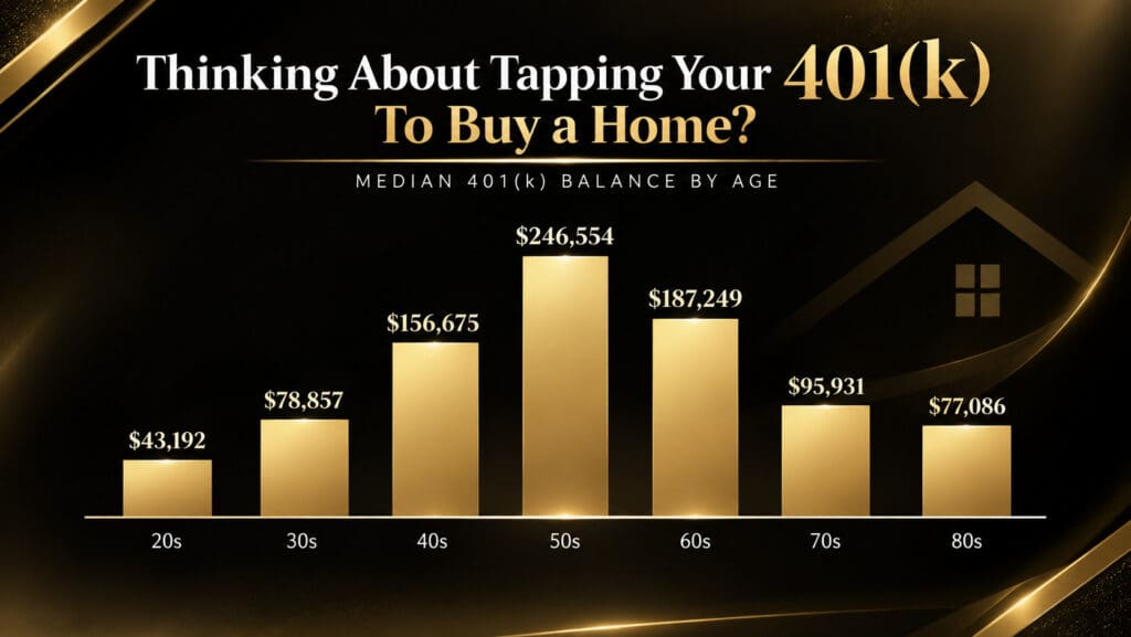 National chart showing median 401(k) balance by age group, ranging from $43,192 in the 20s to a peak of $246,554 in the 50s — Elena Esquen Relocation Expert