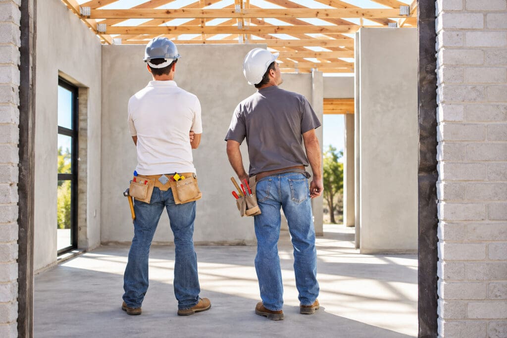 Two construction workers in hard hats inspecting a new home build under roof trusses