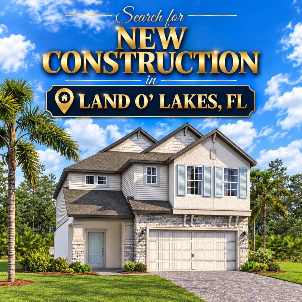 Search for new construction homes in Land O' Lakes, FL. A two-story newly built home with a stone and siding exterior, two-car garage, and palm tree under a blue sky by elena esquen relocation specialist