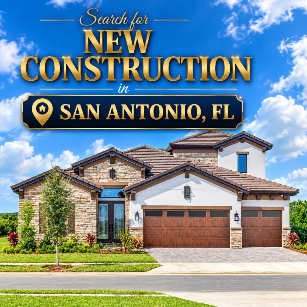 Search for new construction homes in San Antonio, FL. A two-story new build with white board-and-batten siding, a two-car garage, a paver driveway, and fresh landscaping under a blue sky by elena esquen relocation expert