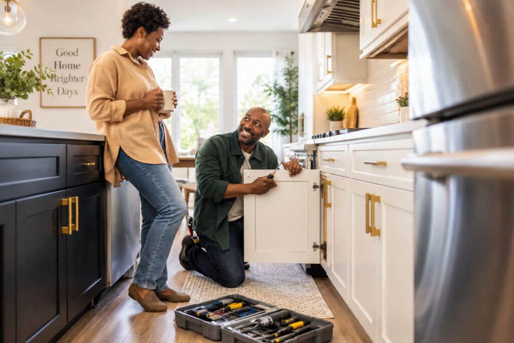 New homeowner couple performing DIY kitchen cabinet maintenance and repair in their Tampa Bay home – Elena Esquen Relocation Specialist
