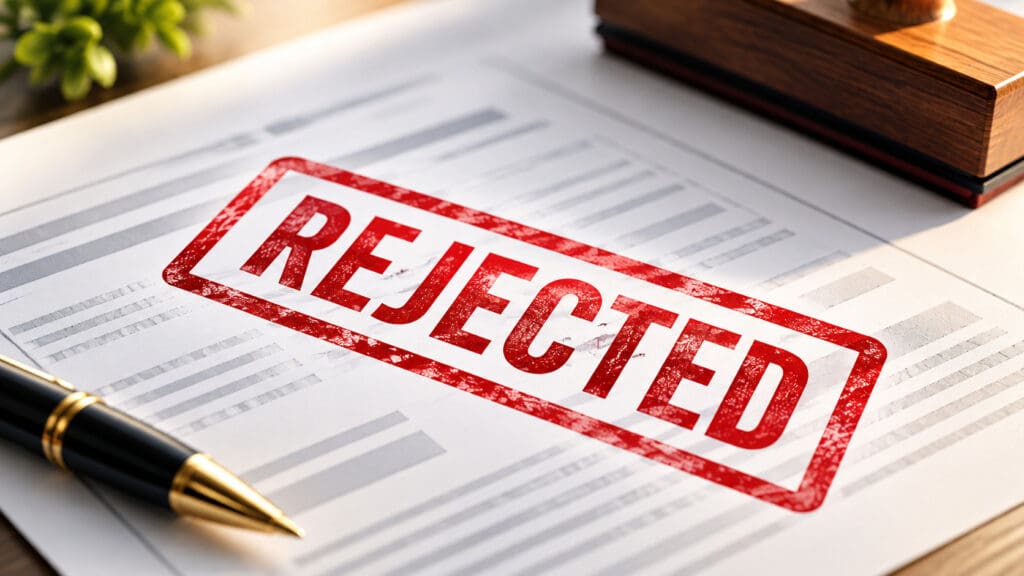 Close-up of a red REJECTED stamp on a document beside a pen and stamp block, symbolizing a rejected home offer or loan application — Elena Esquen Relocation Expert