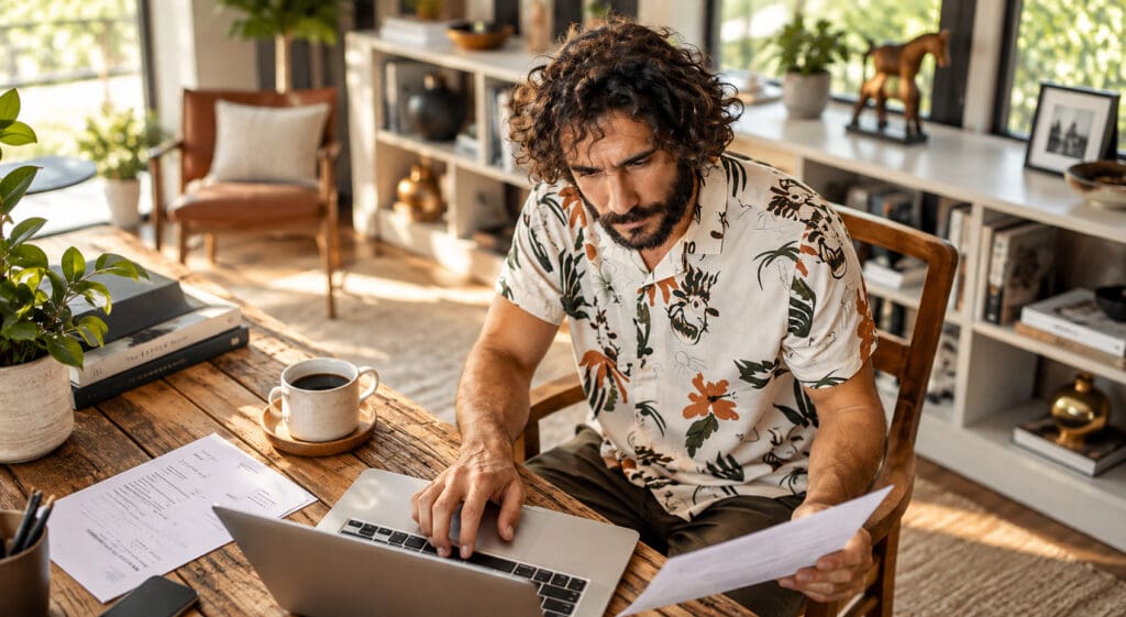 A homeowner reviews financial paperwork and a laptop at a sunny home office desk while weighing down payment options for a home purchase — Elena Esquen Relocation Specialist