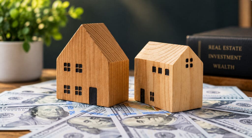 Wooden house models on stacked cash beside a real estate investment book, symbolizing the split in the Tampa Bay housing market by price point