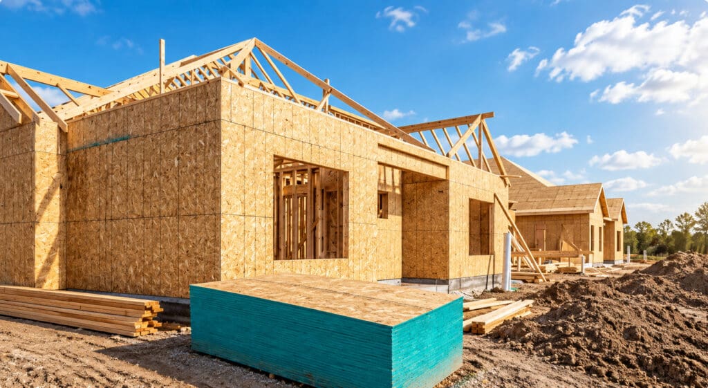 New construction home framing with OSB sheathing and roof trusses under a clear blue sky in a Tampa Bay area community.