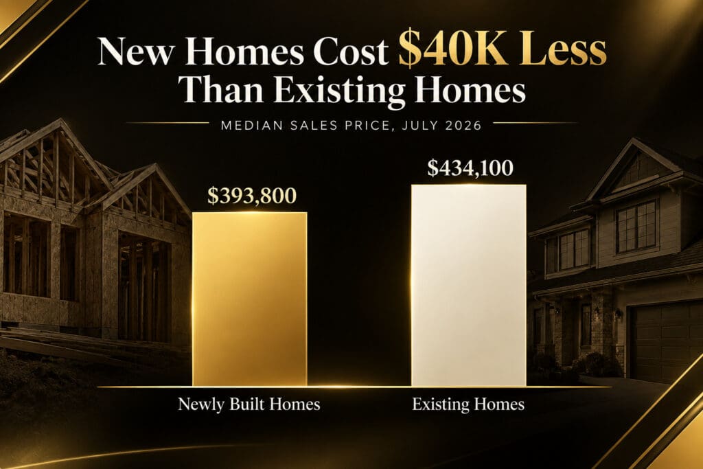 Bar chart comparing July 2026 median home prices: newly built homes at $393,800 versus existing homes at $434,100, a $40,000 difference.