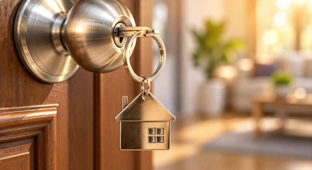 House-shaped keychain in front door lock symbolizing a new home purchase in Tampa Bay — Elena Esquen Relocation Expert