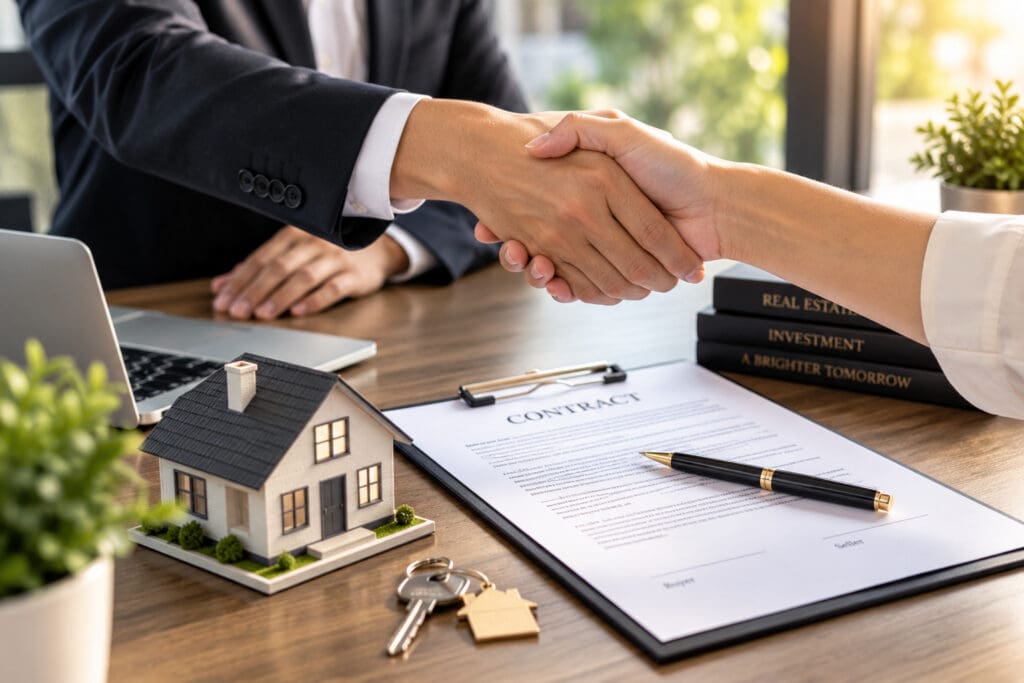 Tampa Bay real estate agent and homebuyer shaking hands after signing the home purchase contract – Elena Esquen Relocation Expert