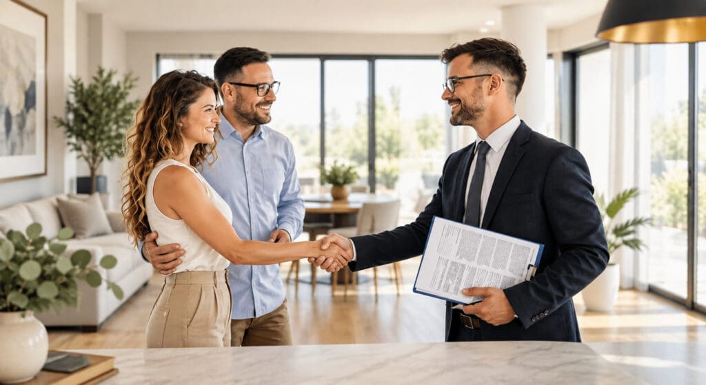 A Tampa Bay Realtor shakes hands with a smiling couple in a bright modern home after reaching an agreement on price — Elena Esquen Relocation Expert
