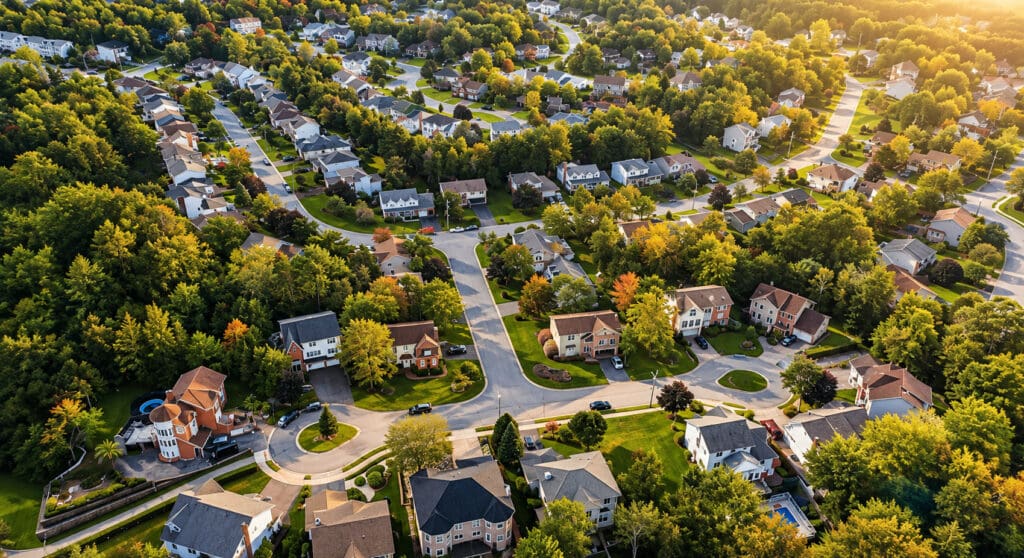 Aerial view of a tree-lined suburban neighborhood at golden hour, reflecting the quiet residential feel Tampa Bay buyers look for near growth areas